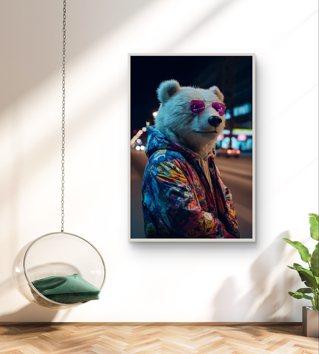 תמונת קנבס של דוב אורבני עם משקפי שמש סגולים וז’קט צבעוני על רקע עירוני בלילה