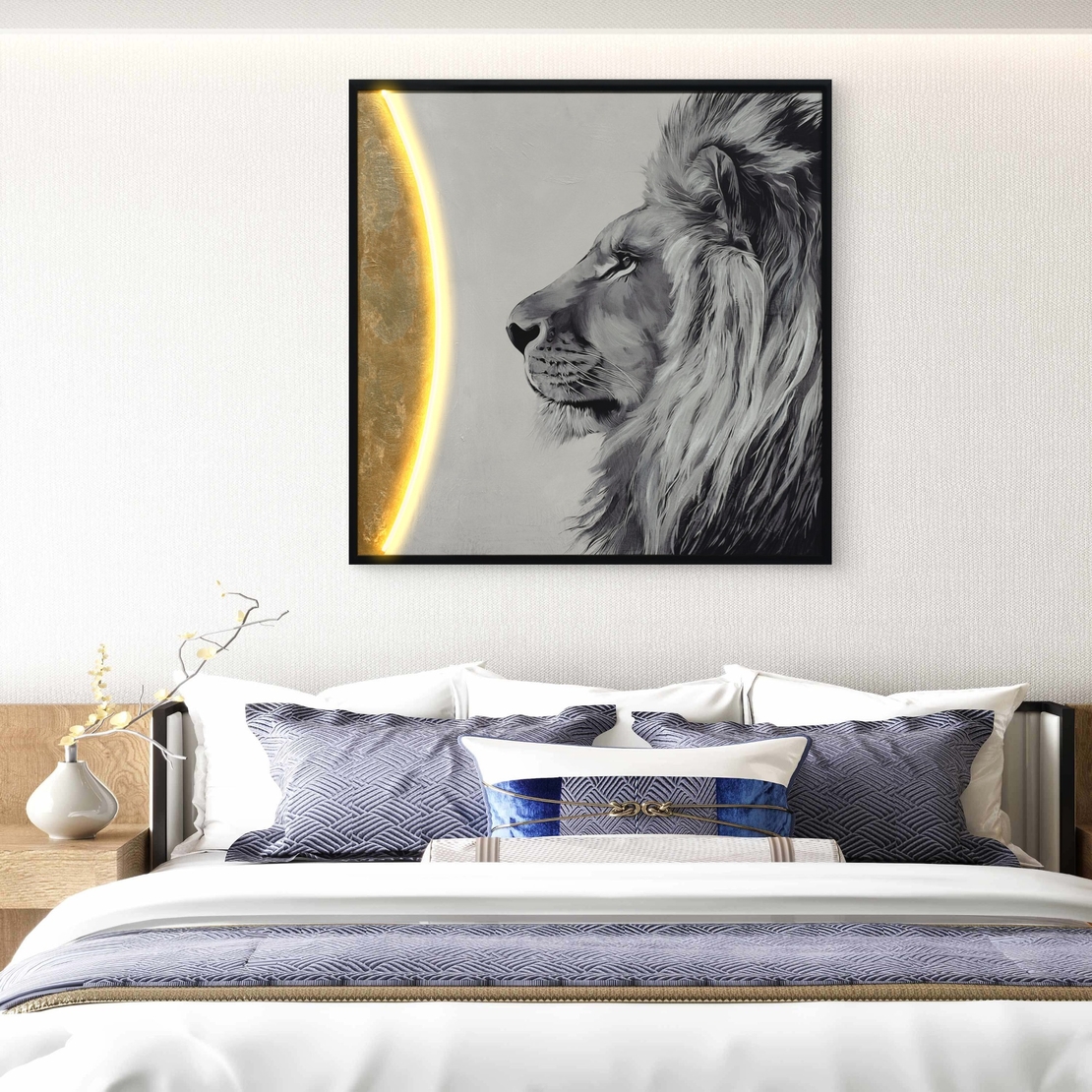 תמונת LED אריה מונוכרומטי עם אלמנט זהב – הדפס משודרג עם מריחות צבע, מופעלת על סוללות עם שלט רחוק מידה 83*83 ס