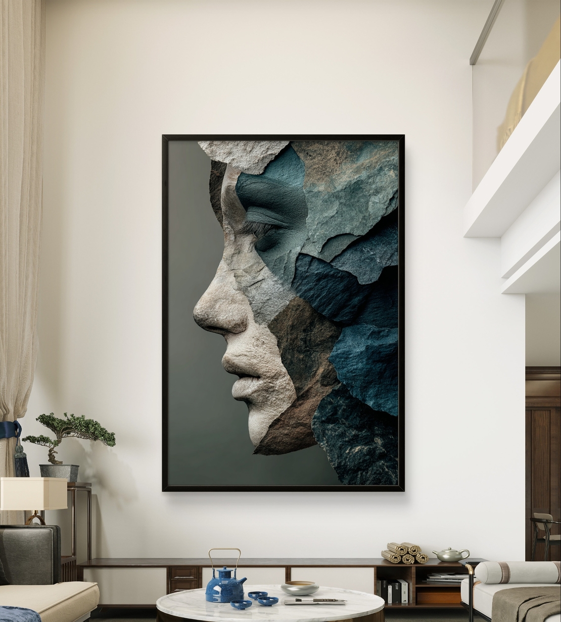 דיוקן סלעים בכחול ואפור – תמונת קנבס אמנותית דרמטית | DX5112