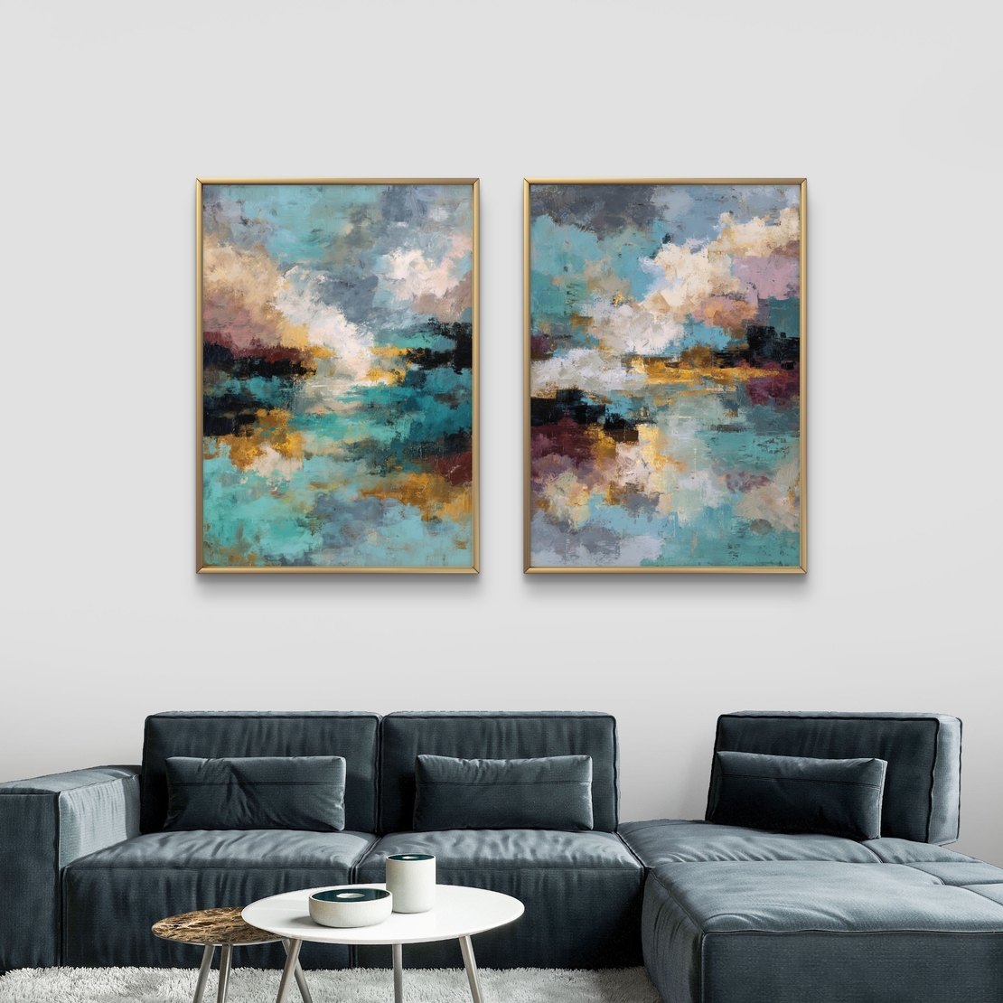זוג תמונות קנבס מופשטות בגווני טורקיז, זהב ואפור, בהדפסה חלקה ואיכותית, מסדרת NEXTGEN של תכשיט לבית.