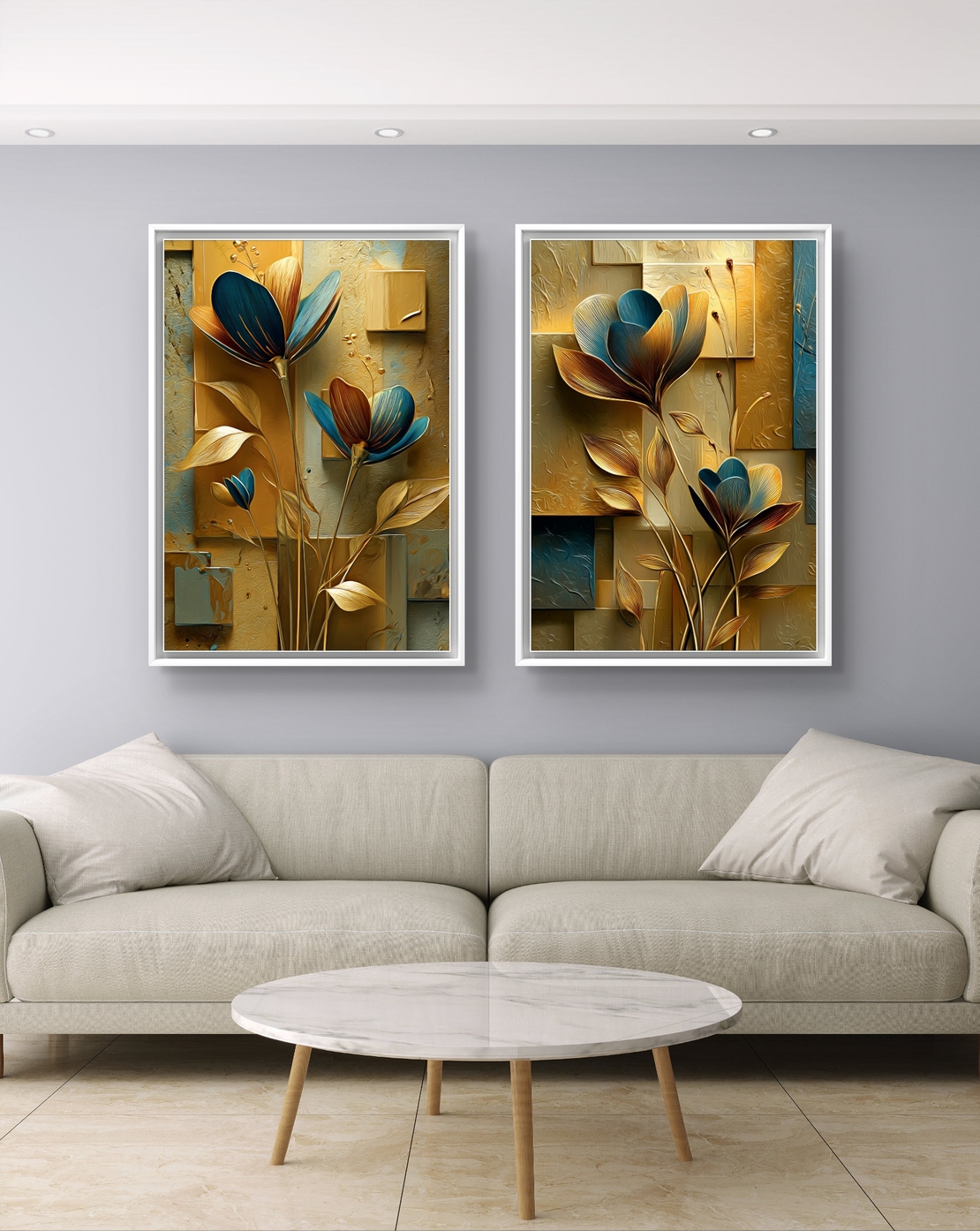 זוג תמונות קנבס פרחוניות בגווני זהב וכחול – דגם DA2223