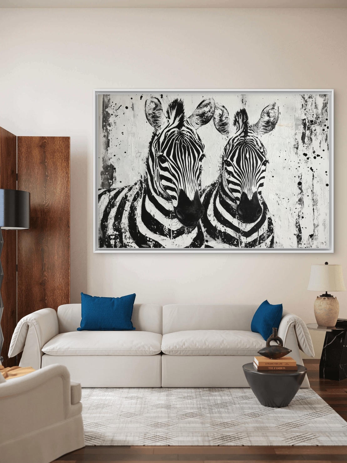 תמונת קנבס אמנותית בשחור-לבן של זוג זברות עם הדפסה חלקה ואיכותית – מתוך קולקציית NEXTGEN BY BAR של תכשיט לבית.