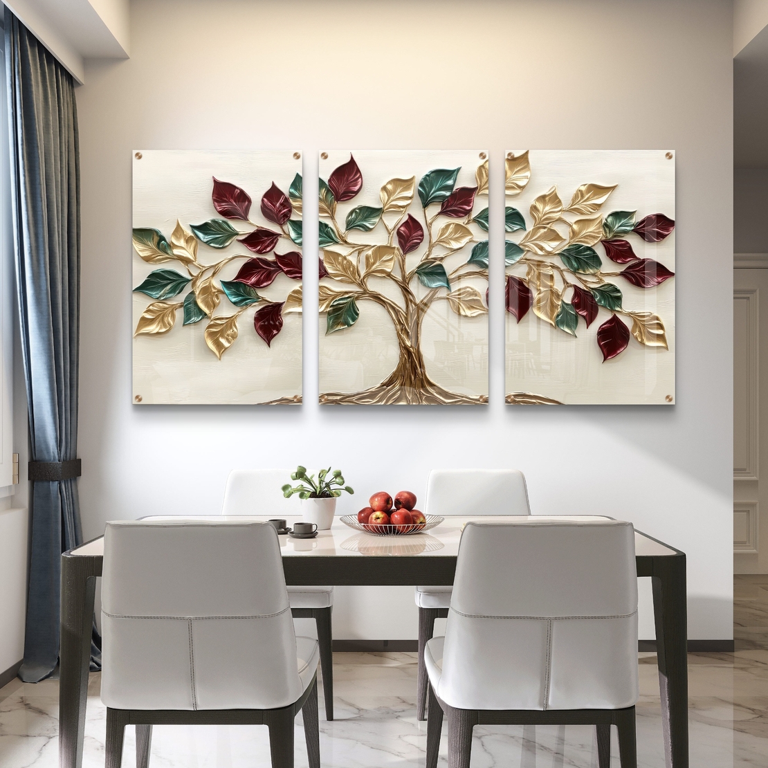 תמונת זכוכית שלישייה עם עץ חיים ועלים בגווני זהב, ירוק ובורדו בעיצוב יוקרתי לבית
