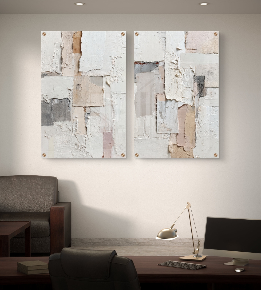 תמונת זכוכית זוגית אבסטרקטית בגווני שמנת ואבן בהדפסה חלקה ומינימליסטית