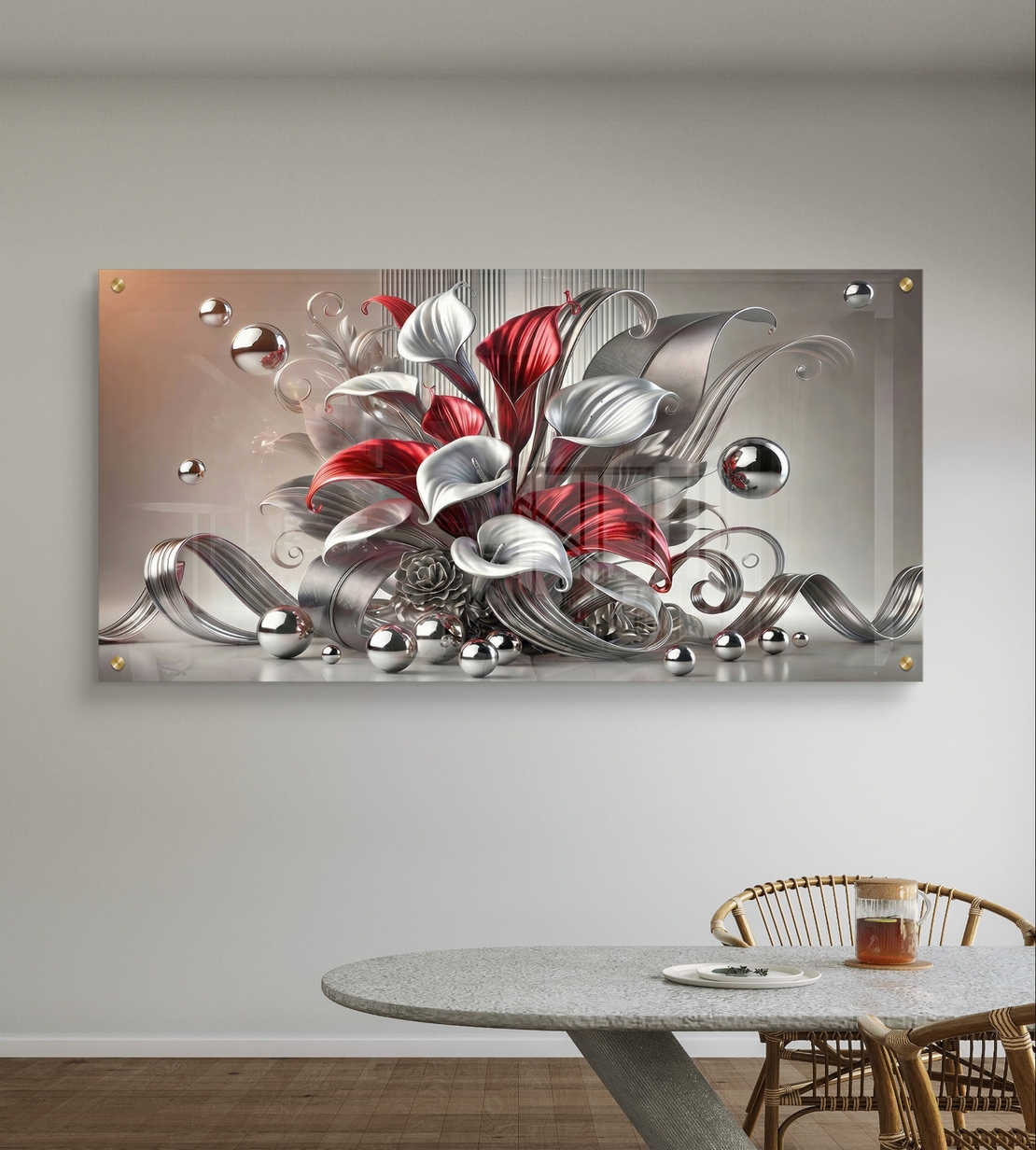 ליליות כרום ארגמן – תמונת זכוכית יוקרתית עם פרחים אדומים־לבנים ואלמנטים כסופים | PN2502