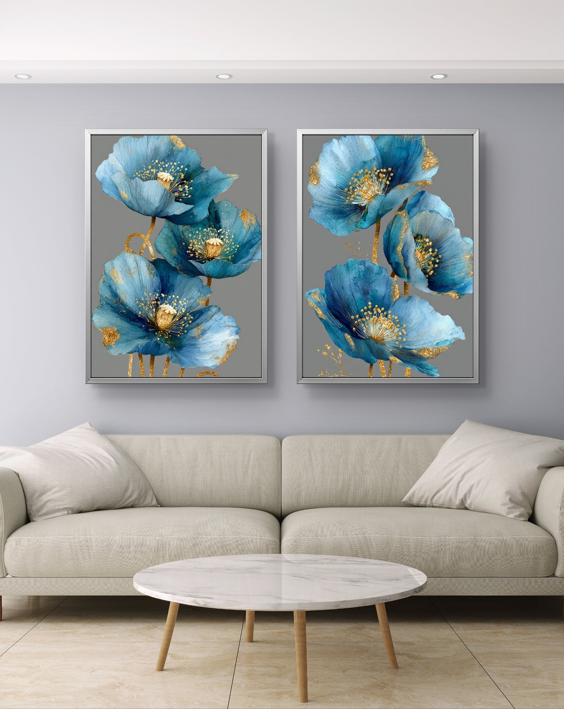 זוג תמונות קנבס פרחים כחולים עם נגיעות זהב – דגם TL8551