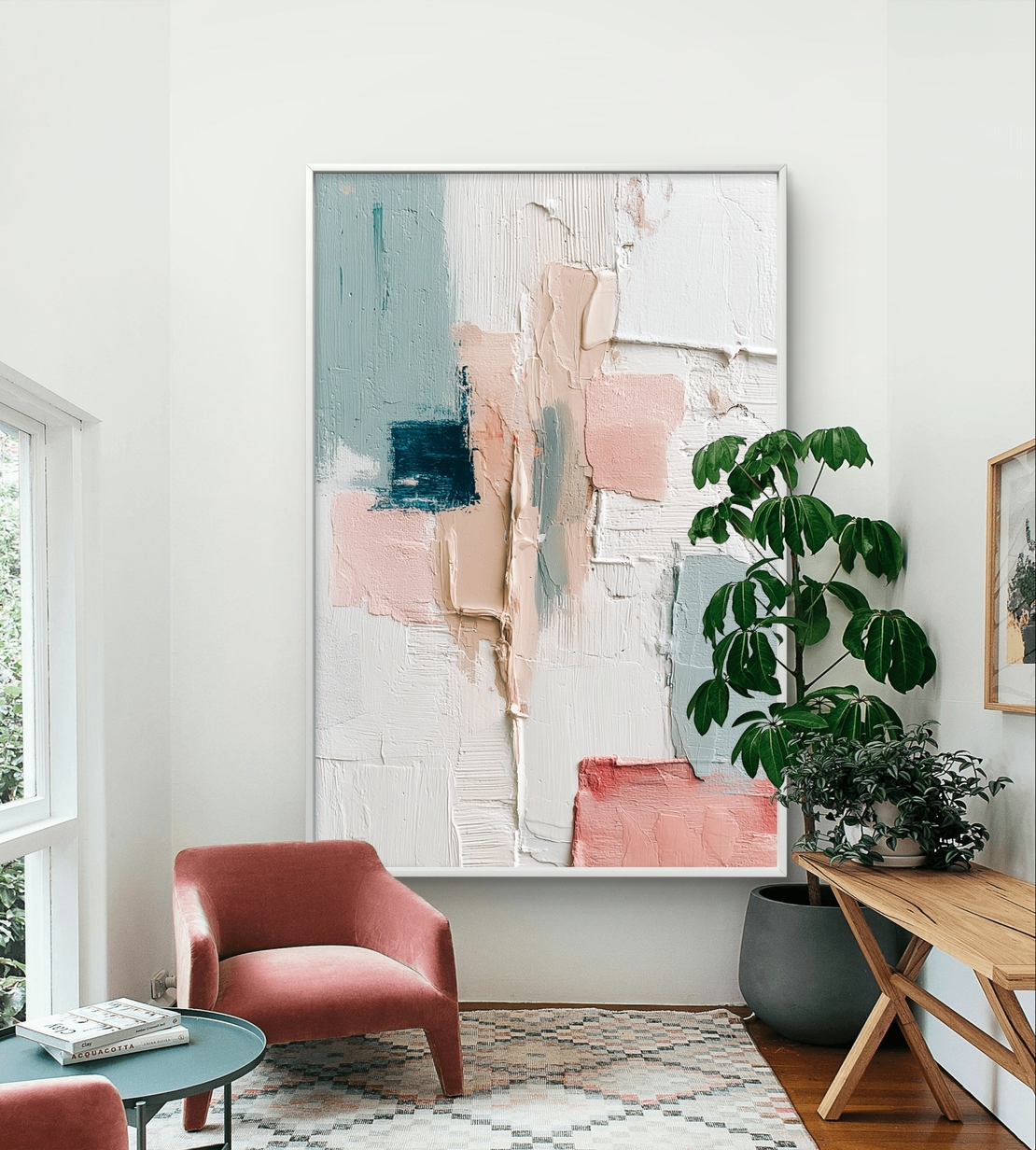 תמונת קנבס אבסטרקטית בגווני פודרה ותכלת עם מרקם עדין ועיצוב מודרני