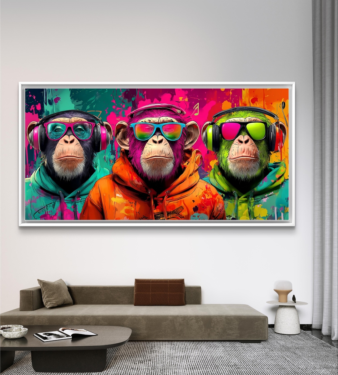 שלושת ה-DJ – תמונת קנבס קופים עם אוזניות בסגנון פופ-ארט | CY4513