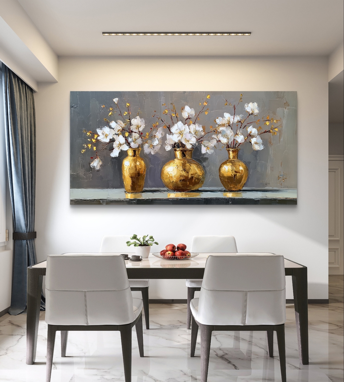 תמונת קנבס לסלון – אגרטלי זהב עם פרחים לבנים | דגם TS5943