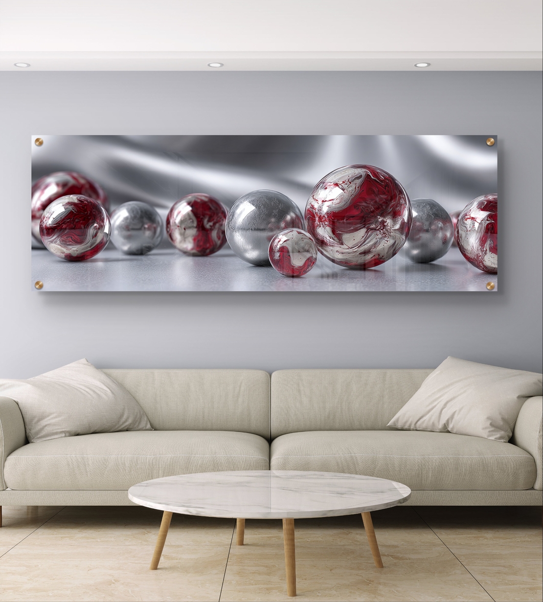 תמונת זכוכית פנורמית עם כדורים מבריקים בגווני כסף ואדום בעיצוב מודרני ויוקרתי