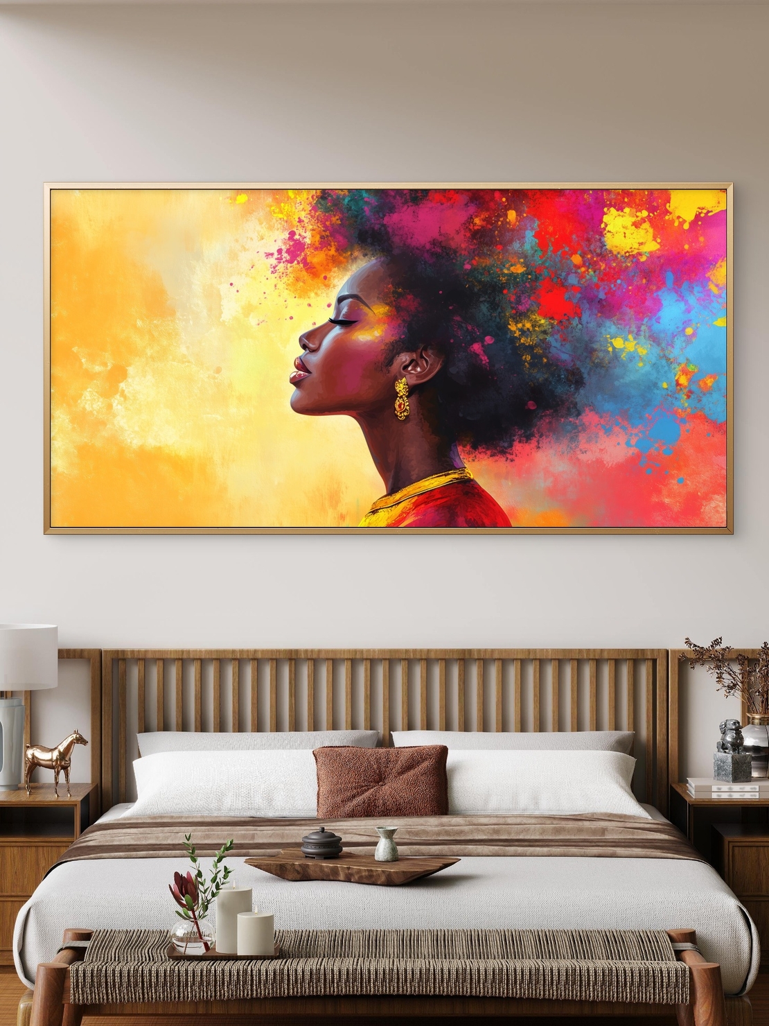 תמונת קנבס צבעונית של דיוקן נשי עם רקע כתום-אדום וצבעים מתפרצים – עיצוב אמנותי מתוך קולקציית NEXTGEN BY BAR של תכשיט לבית.