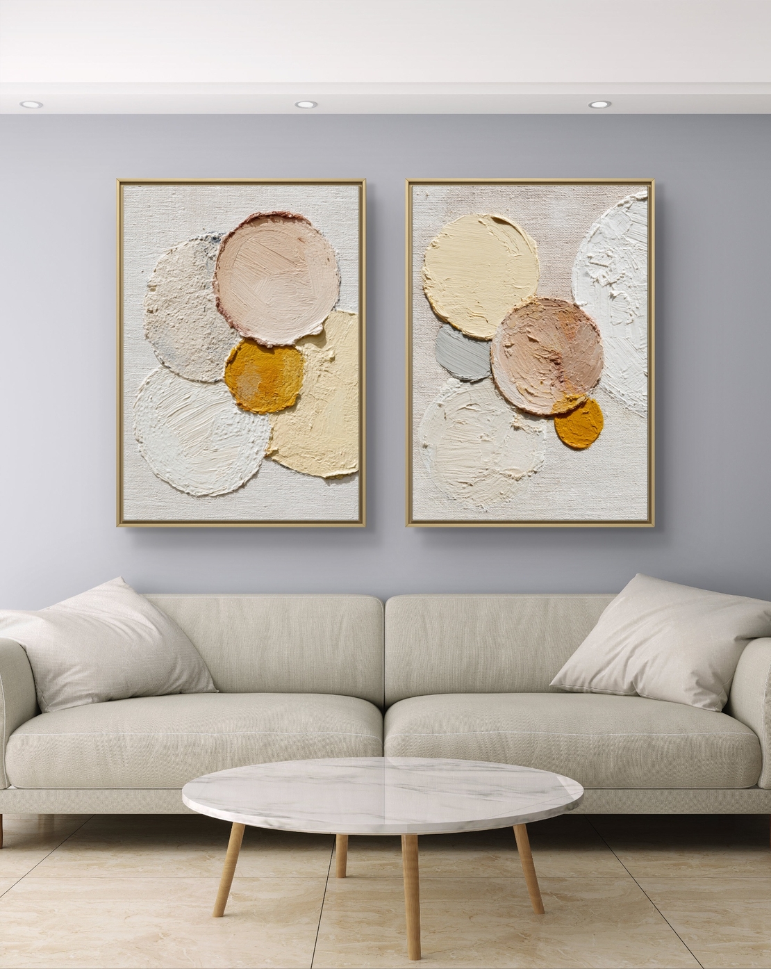 זוג תמונות קנבס עם קומפוזיציית עיגולים בגווני שמנת, בז’ וחרדל, בהדפסה חלקה ללא תבליט, מקולקציית תכשיט לבית.