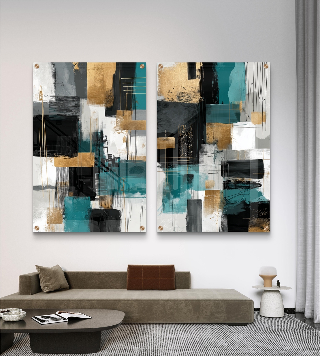 תמונת זכוכית זוגית אבסטרקטית בגווני טורקיז שחור וזהב בהדפסה חלקה מודרנית