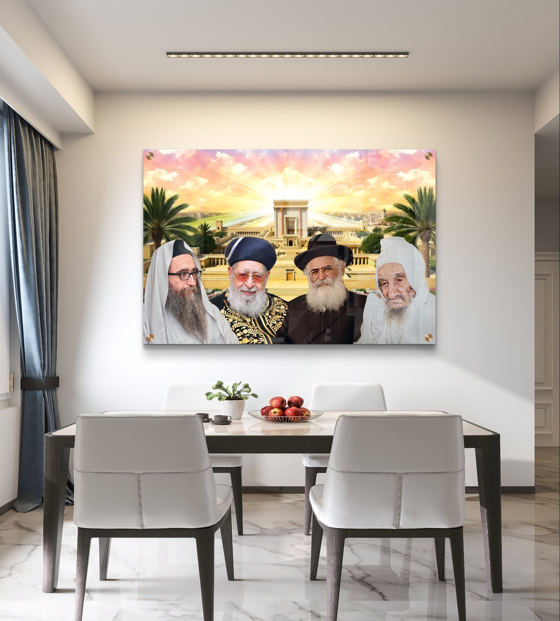 תמונת זכוכית המציגה ארבעה רבנים דגולים על רקע בית המקדש המואר באור שקיעה זהוב, עם עצי דקל וצבעים מרהיבים של קדושה ונוף.