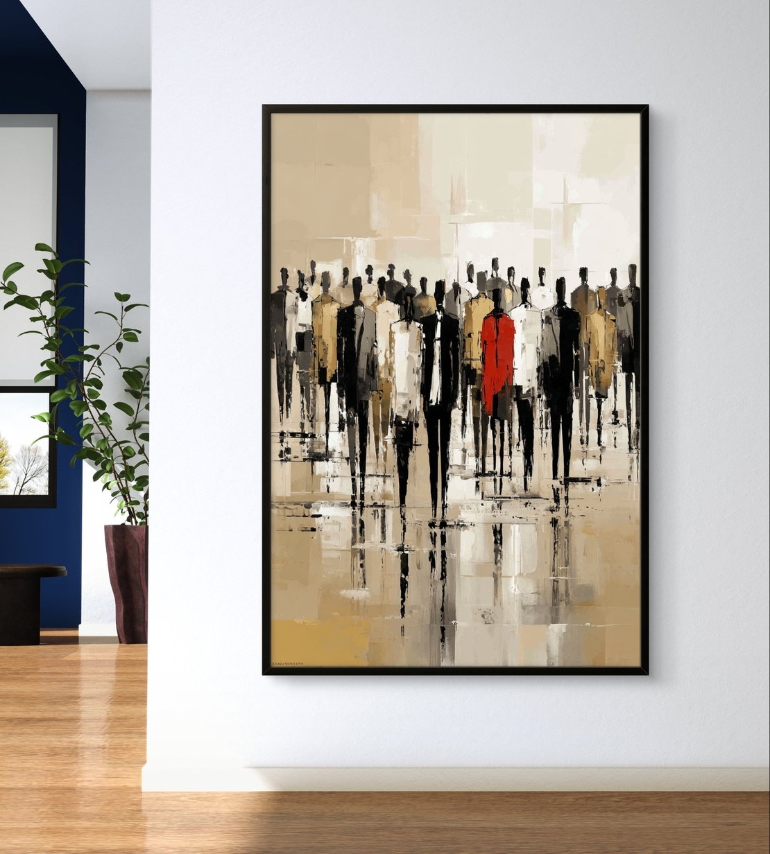 תמונת קנבס אבסטרקטית עם קבוצת אנשים ודמות אדומה בולטת