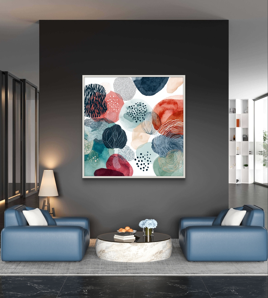 קולאז׳ אקוורל – תמונת קנבס אבסטרקט צבעי מים בטורקיז וקורל | SQ3382