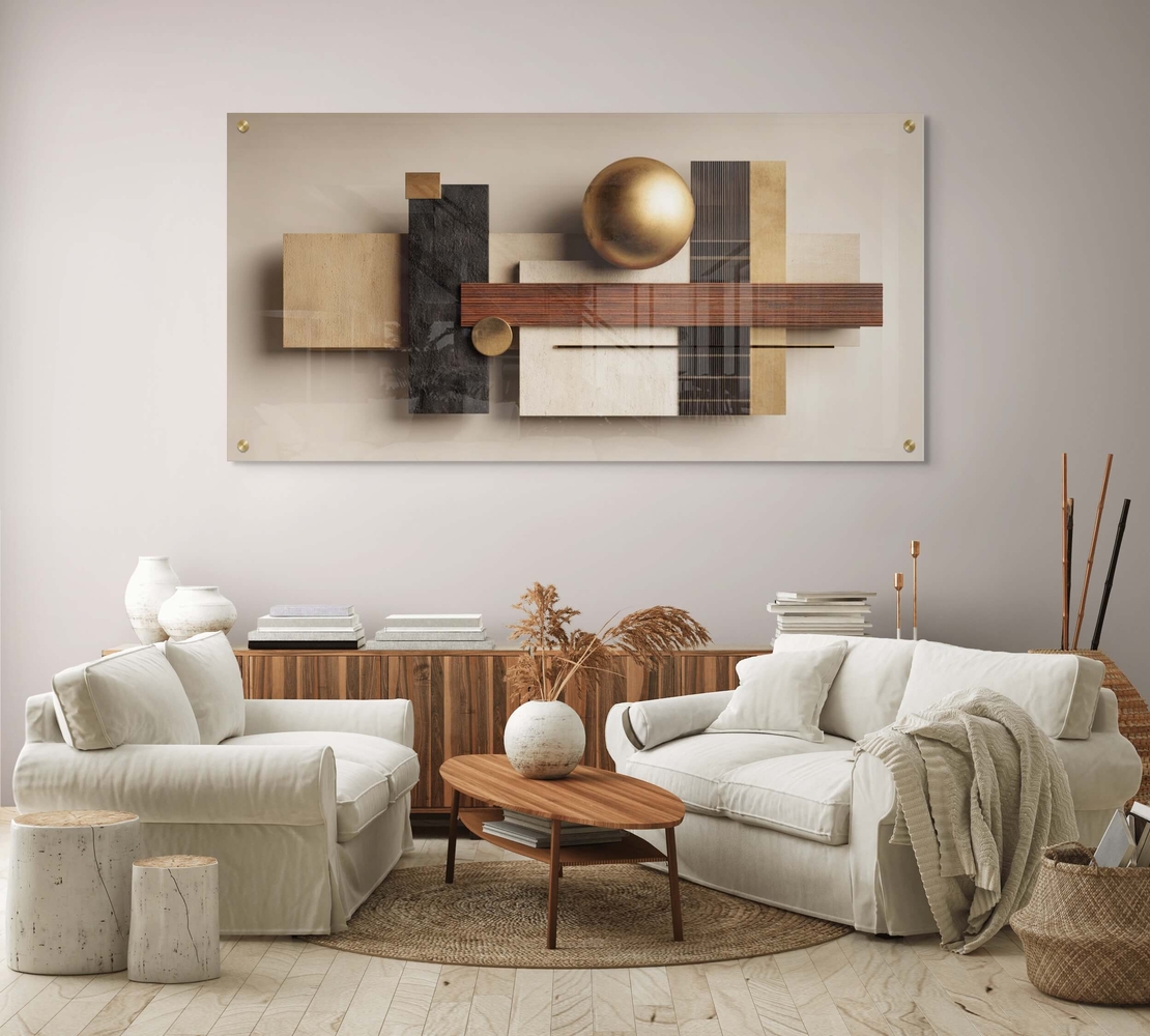 תמונת זכוכית לרוחב בעיצוב גאומטרי מודרני עם כדור זהב, עץ ושיש מתוך קולקציית תכשיט לבית.