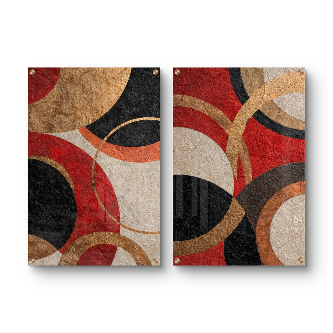 סט תמונות זכוכית זוגי בגווני זהב, אדום, שחור ובז' בעיצוב מעגלי מודרני – תכשיט לבית