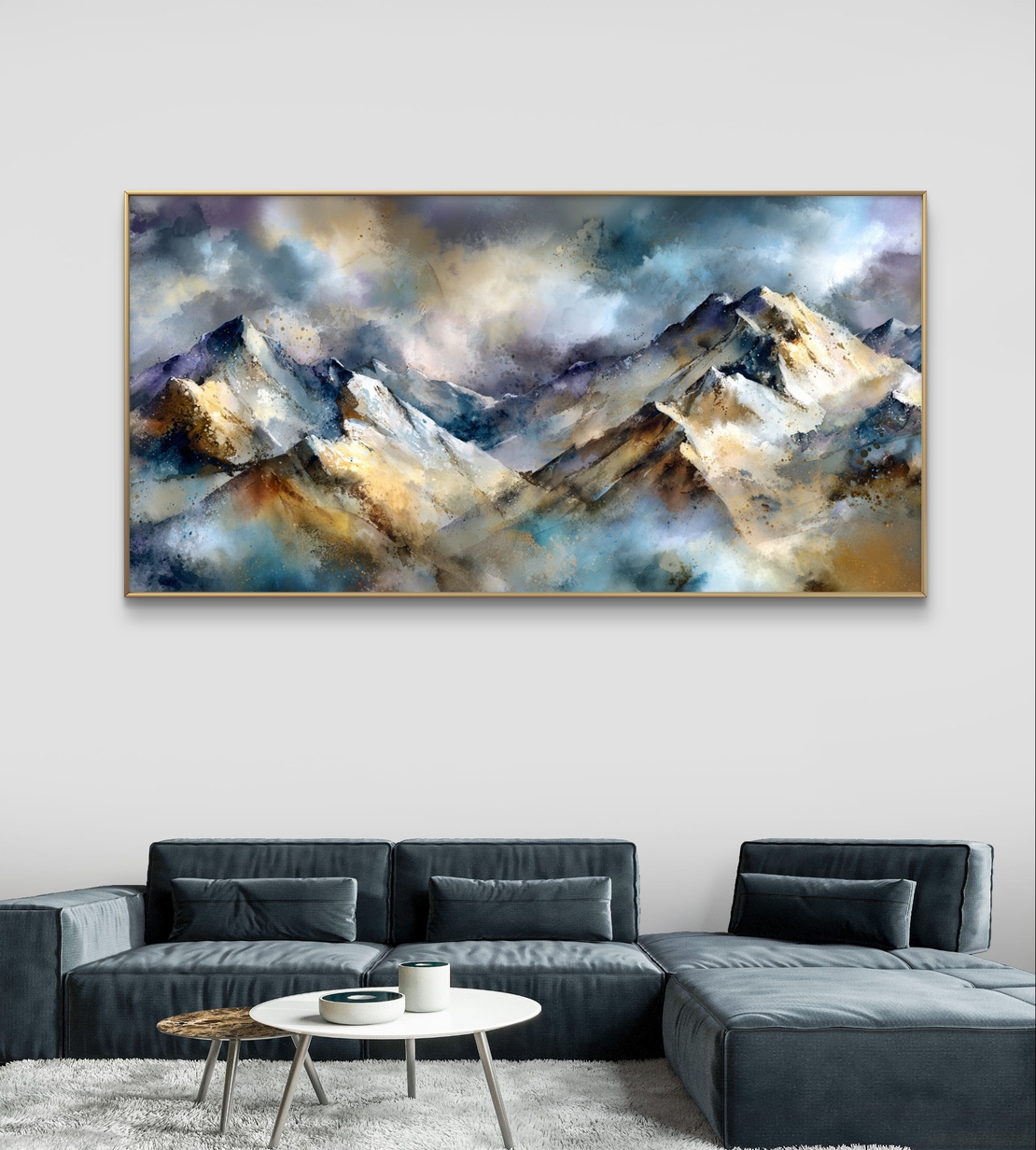 תמונת קנבס נוף הרים אמנותי בגווני כחול זהב ואפור – תכשיט לבית