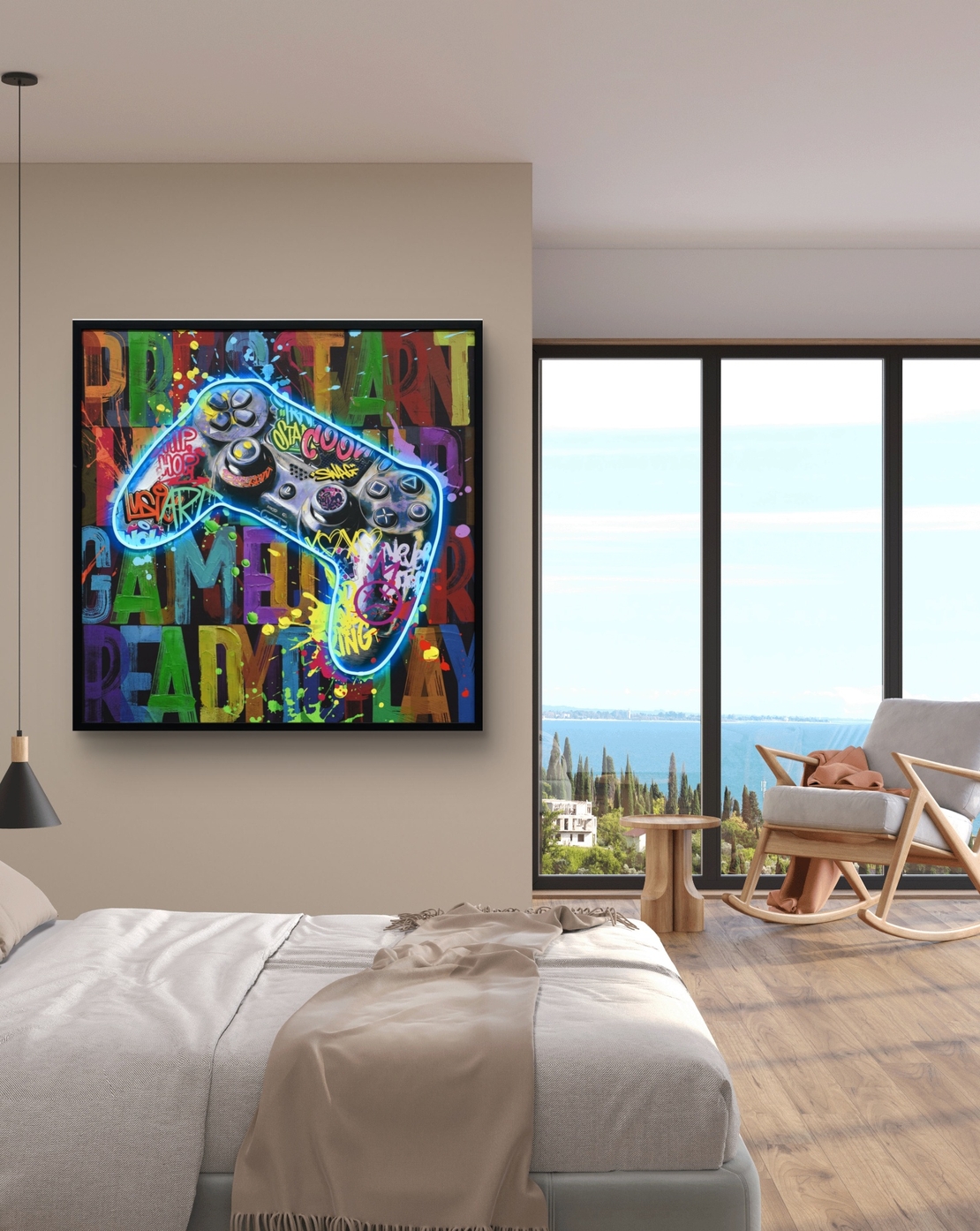 תמונת גיימינג מוארת עם שלט רחוק וסוללות – שלט קונסולה גרפיטי LED - מידה 83*83 ס