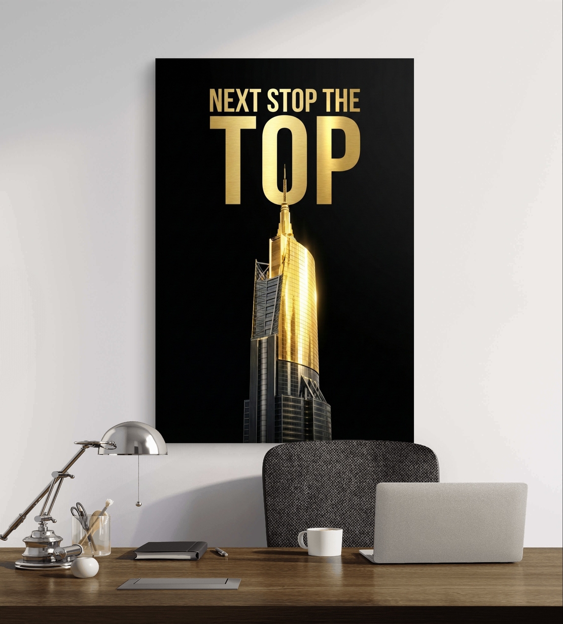 תמונת קנבס לאורך עם מסר מוטיבציה Next Stop The Top בגווני שחור וזהב, הדפסה חלקה ללא תבליט