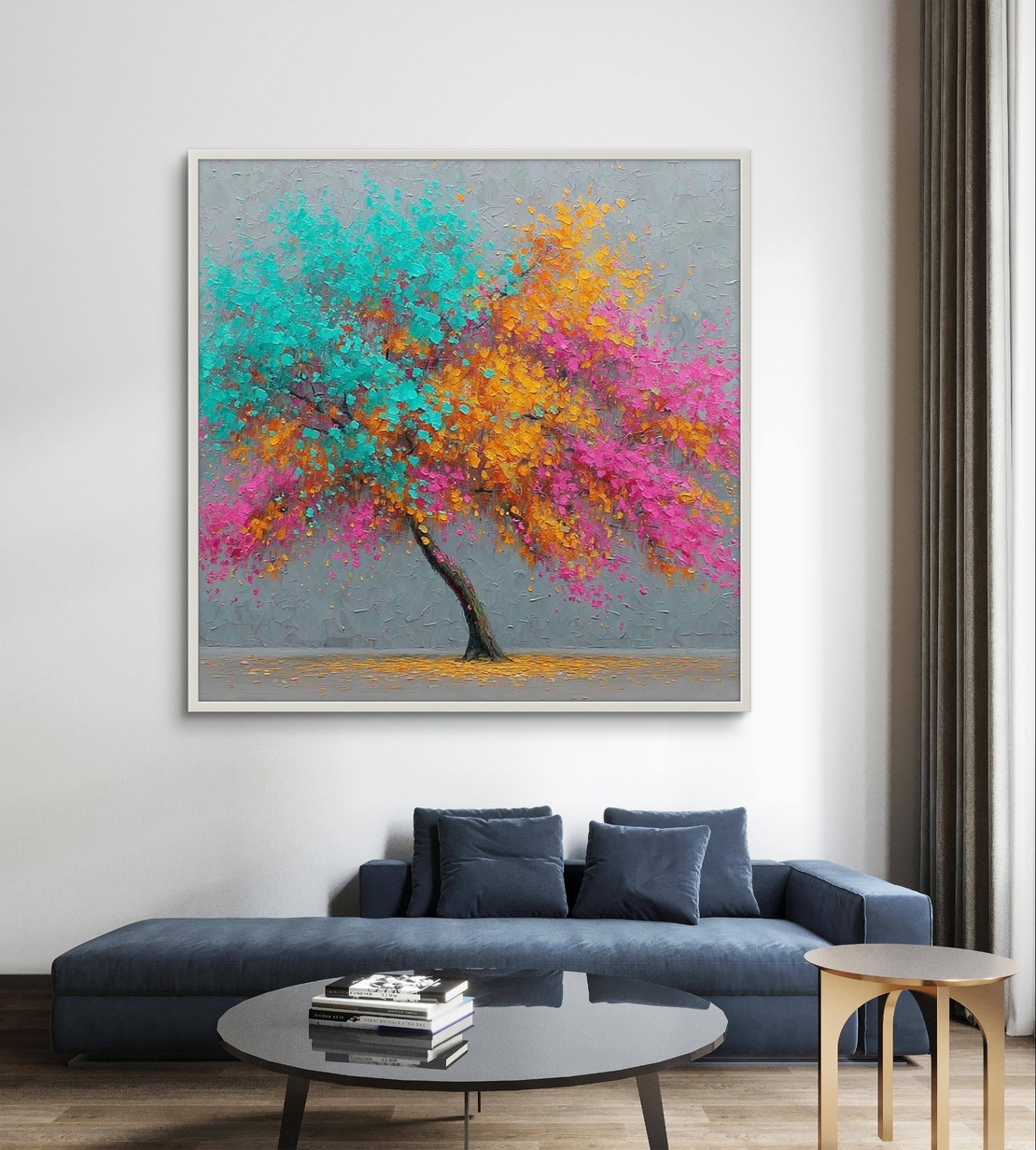 תמונת קנבס מרובעת של עץ אמנותי בצבעי טורקיז, כתום וורוד על רקע אפור מודרני