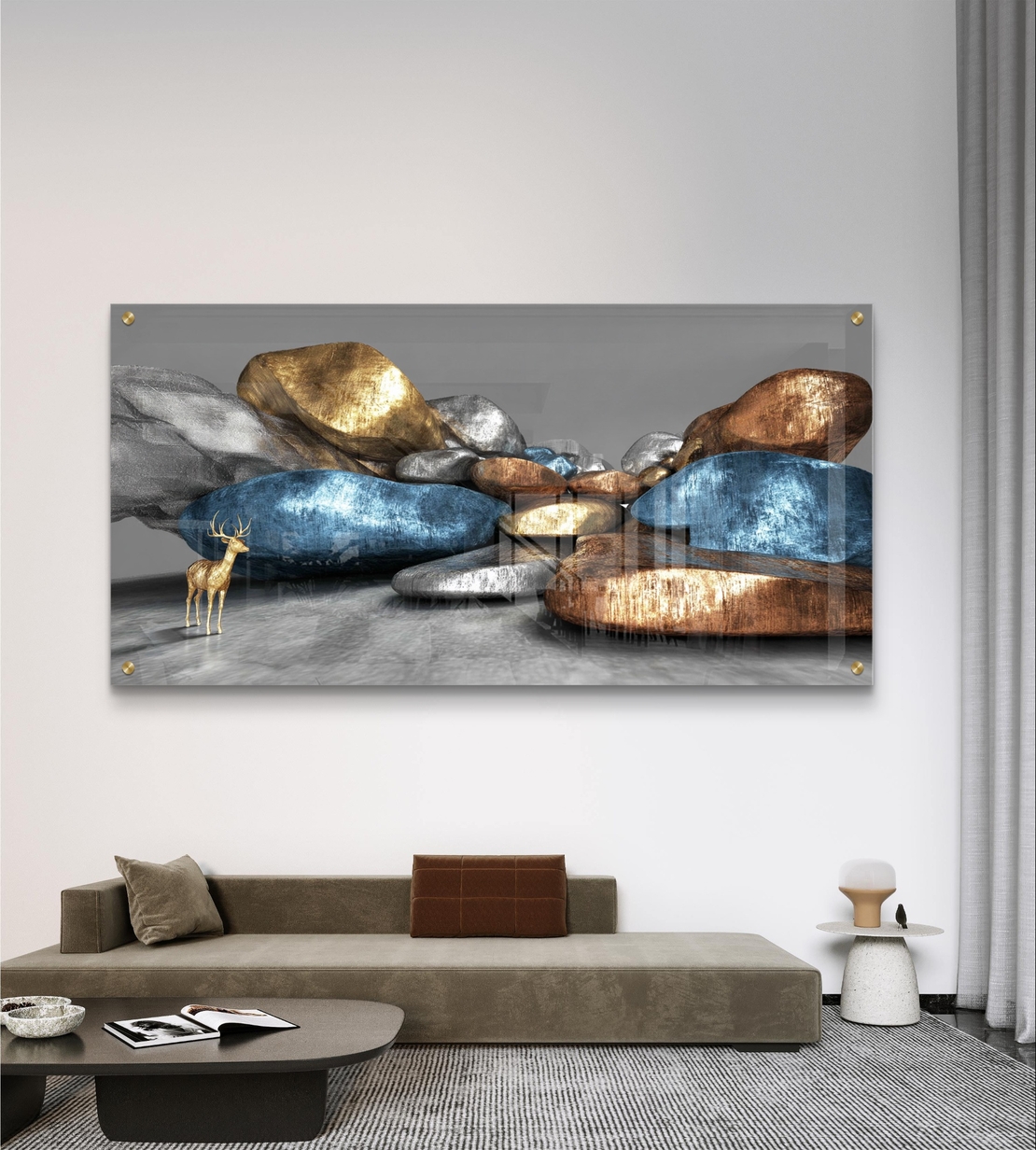 תמונת זכוכית לרוחב עם אבנים בגווני זהב וכחול ודמות אייל בעיצוב אבסטרקטי יוקרתי