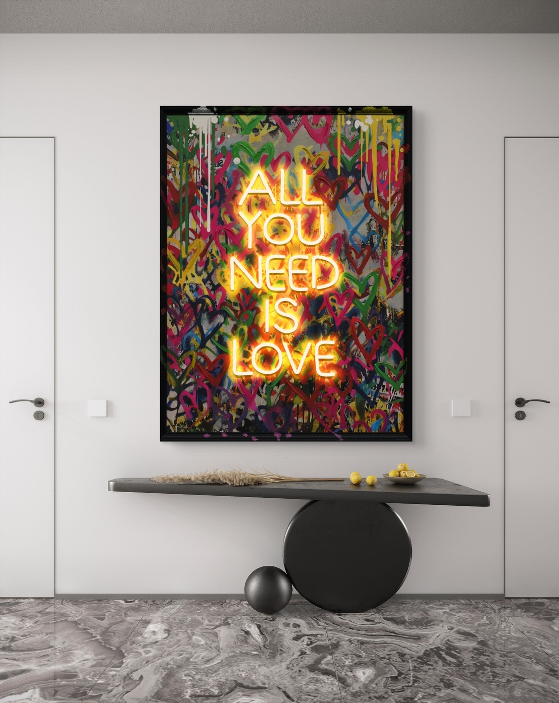 תמונת גרפיטי ALL YOU NEED IS LOVE מוארת עם שלט רחוק וסוללות – אמנות LED דגם LED1010--מידה 63*83 ס