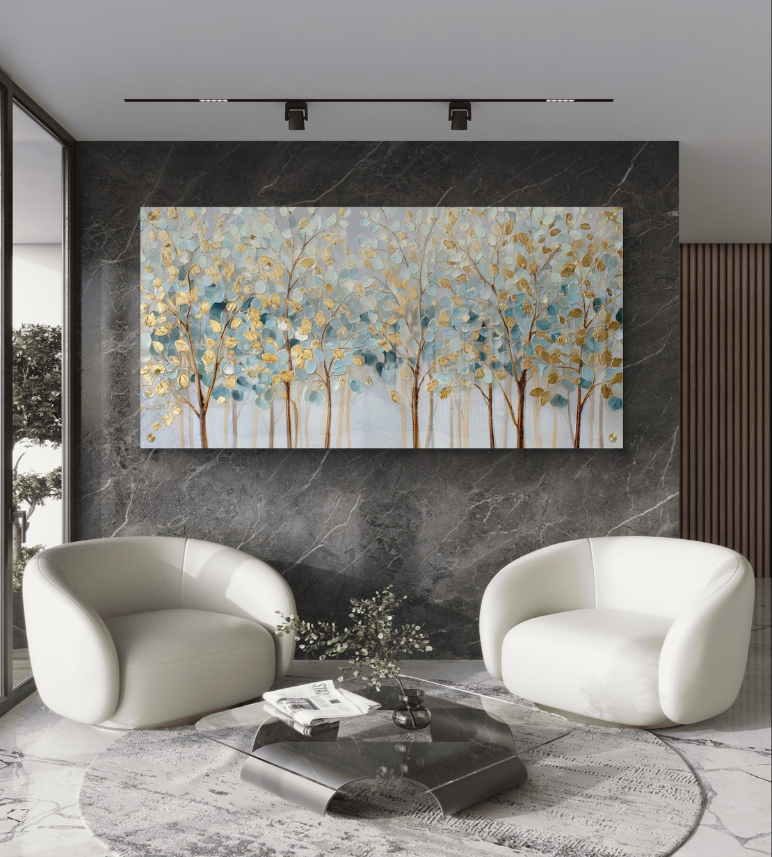 תמונת זכוכית לרוחב עם שדרת עצים בגווני תכלת וזהב בעיצוב יוקרתי ורגוע