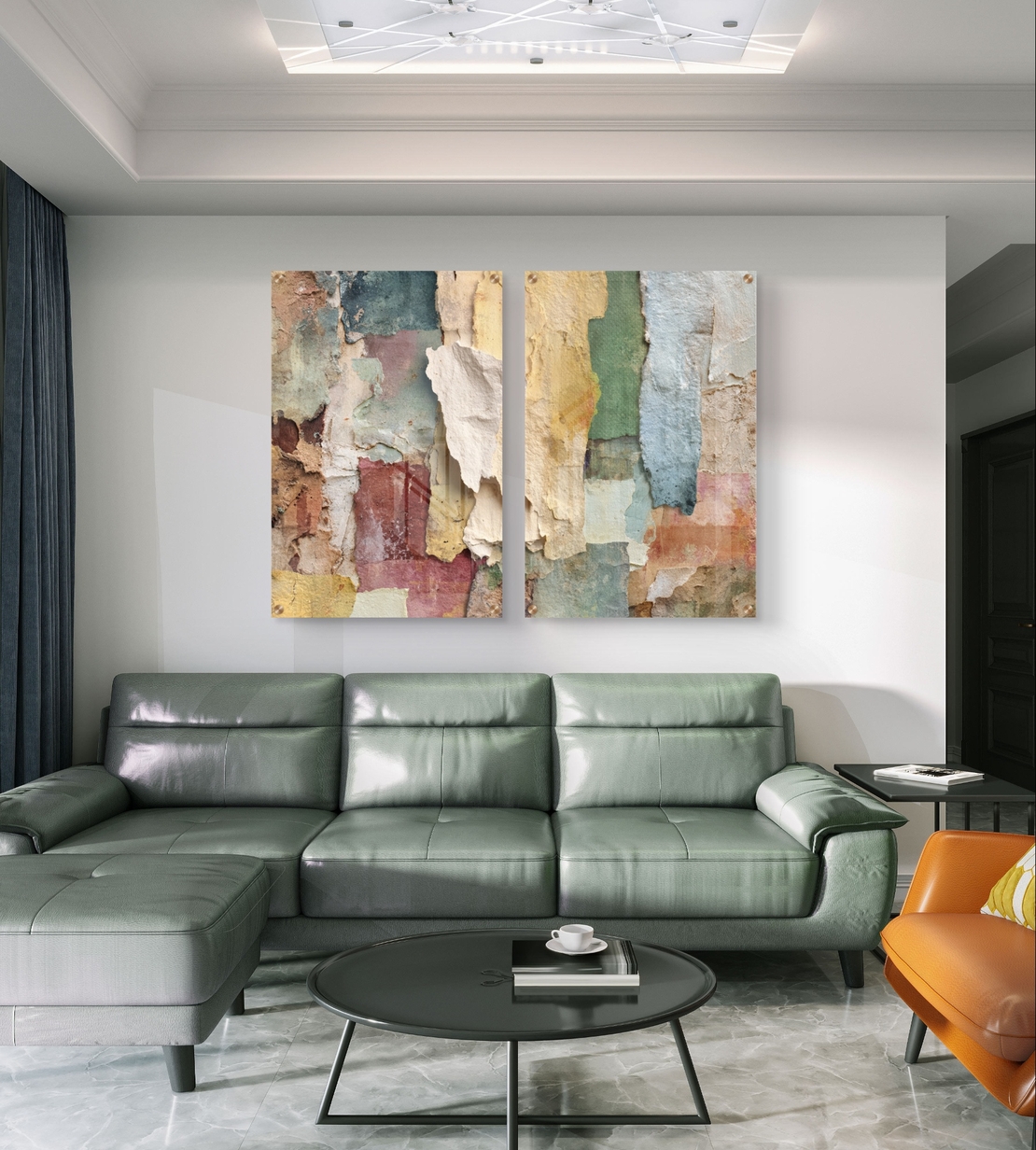 תמונת זכוכית זוגית אבסטרקטית עם שכבות צבע וטקסטורה טבעית בהדפסה חלקה