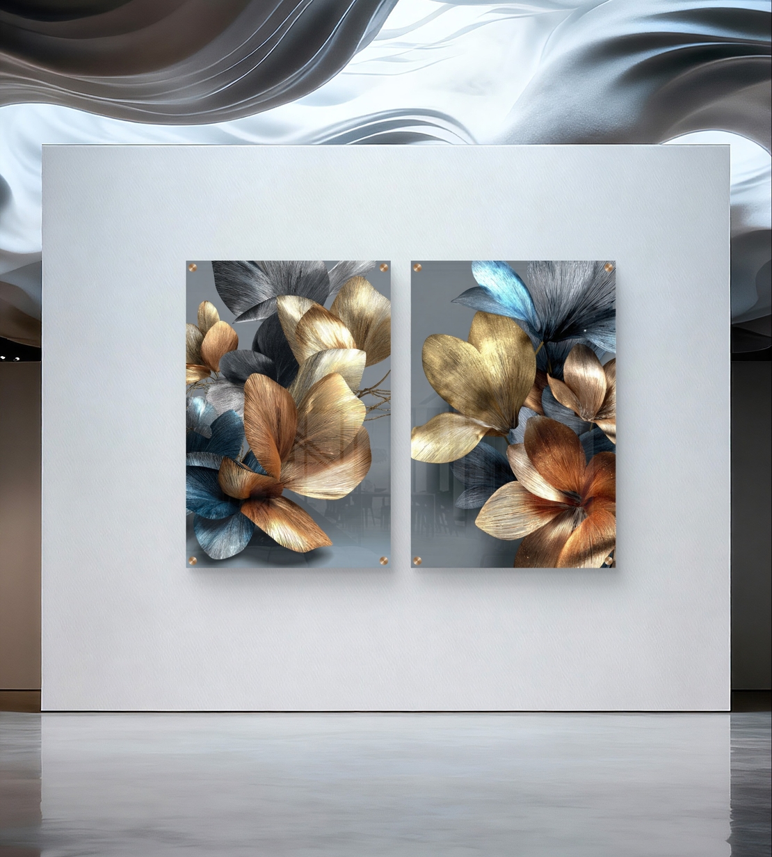 תמונת זכוכית זוגית עם פרחים אבסטרקטיים בגווני זהב, ברונזה וכחול עמוק, הדפסה חלקה ללא תבליט בעיצוב יוקרתי