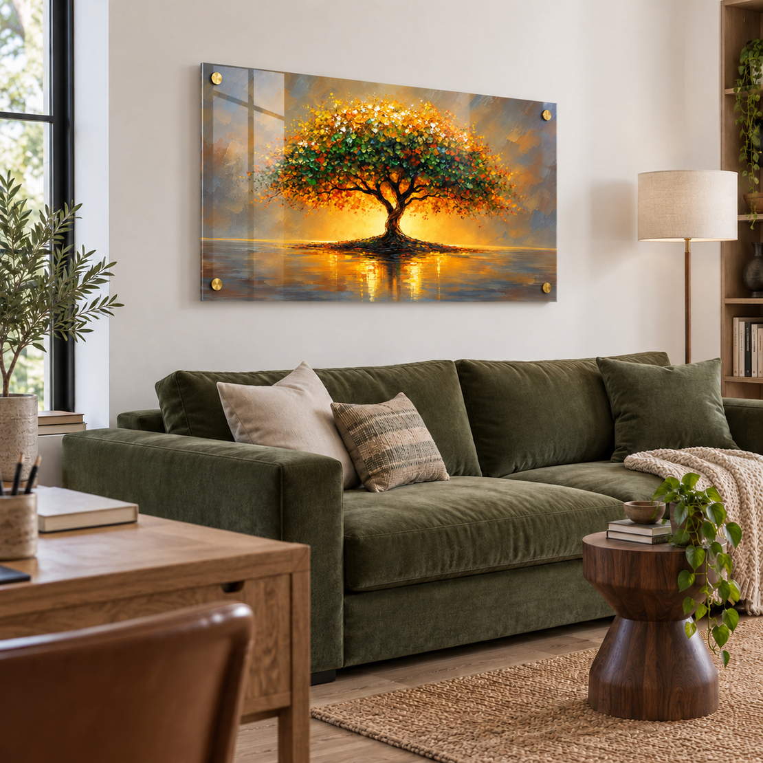 תמונת זכוכית עץ מואר בשקיעה בגווני זהב | דגם RG7105