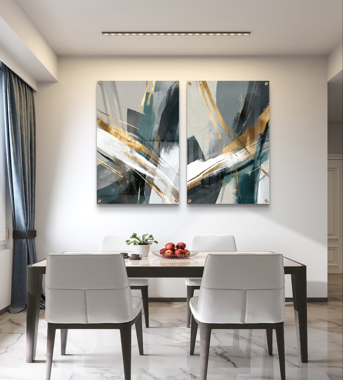 תמונת זכוכית זוגית אבסטרקטית בגווני ירוק, לבן ושחור עם נגיעות זהב בעיצוב מודרני