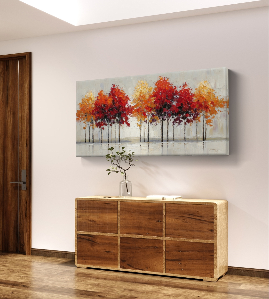 תמונת קנבס לרוחב עם שדרת עצים בגווני אדום כתום וזהב לעיצוב הבית