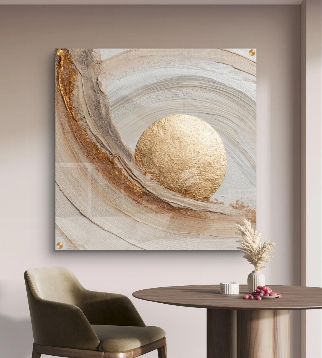 תמונת זכוכית מרובעת אבסטרקטית בגווני שמנת וזהב עם אלמנט עגול מרכזי וקווים מעוגלים