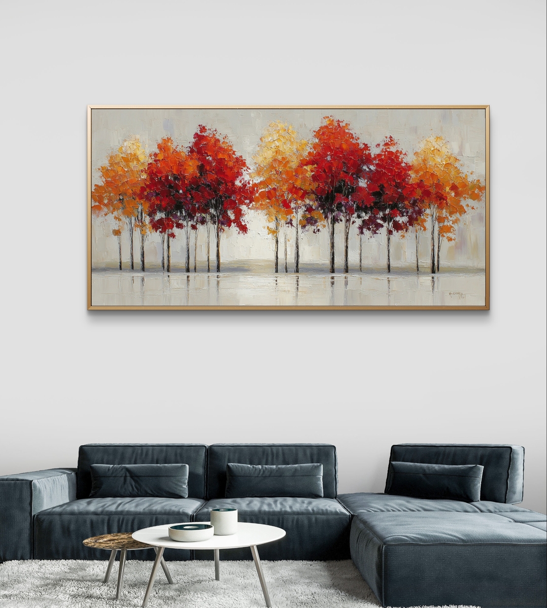תמונת קנבס לרוחב עם שדרת עצים בגווני אדום כתום וזהב לעיצוב הבית