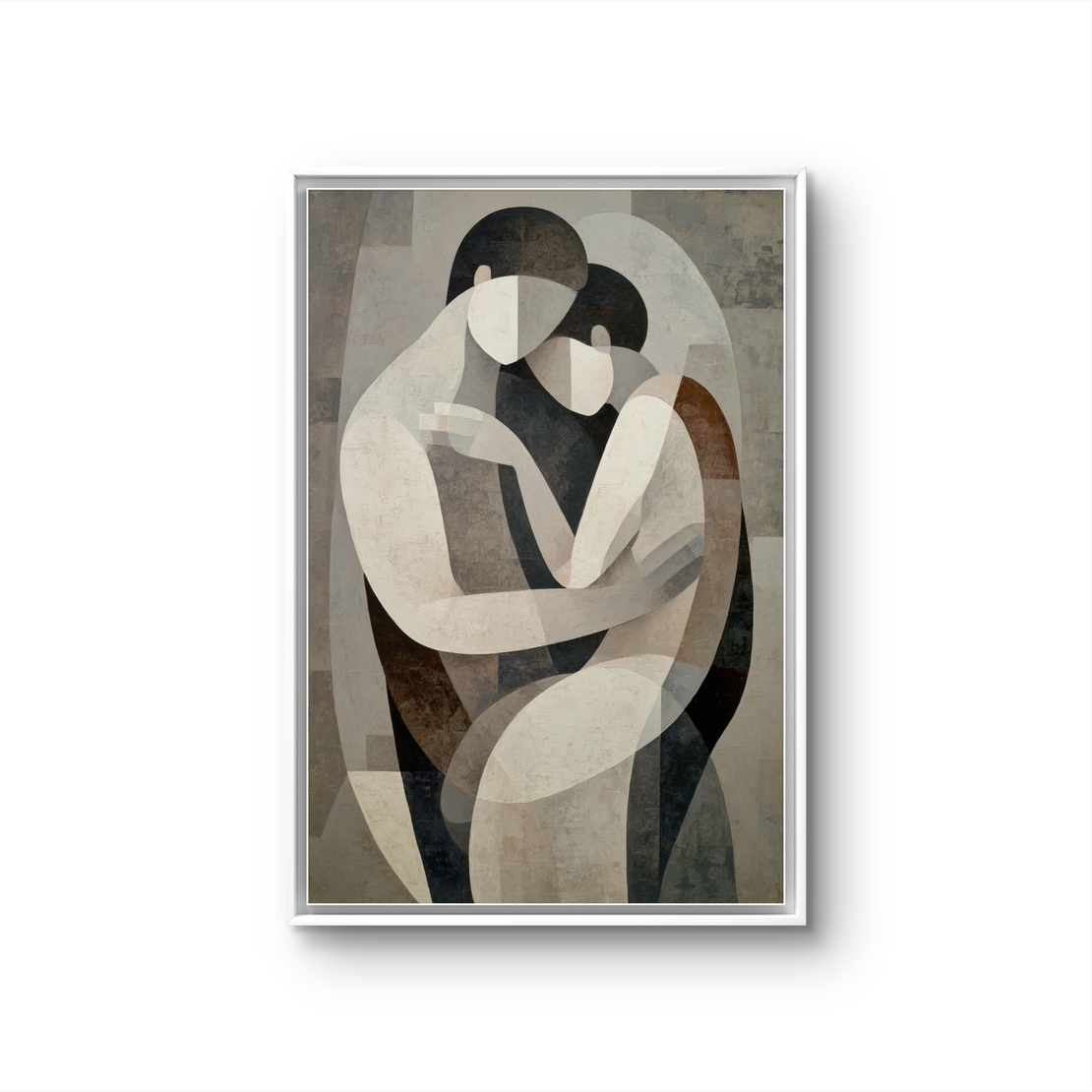 תמונת קנבס עם זוג דמויות מופשטות בחיבוק עדין בגווני שמנת, אפור וחום בעיצוב רגוע ואלגנטי