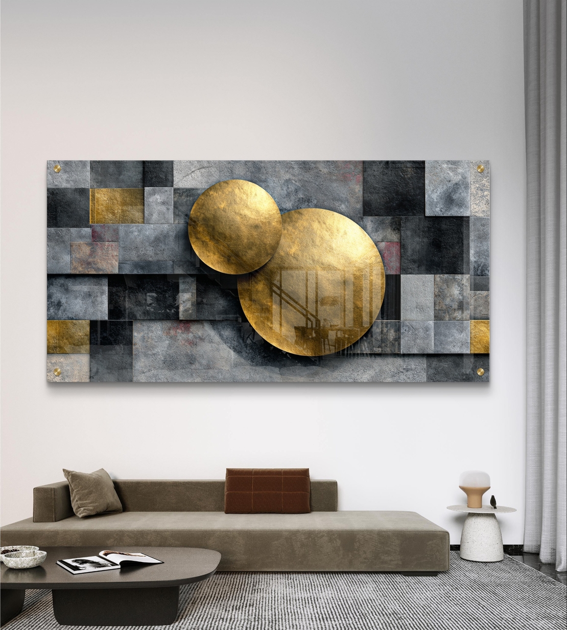 תמונת זכוכית לרוחב בעיצוב אבסטרקטי בגווני אפור עם עיגולים זהובים בסגנון מודרני ויוקרתי