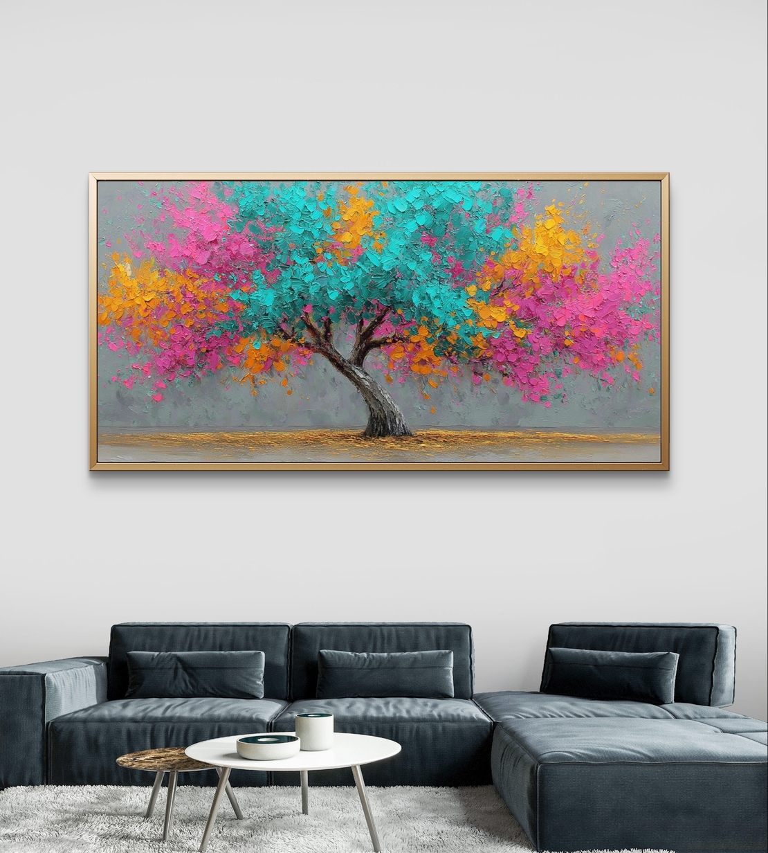 תמונת קנבס לרוחב של עץ צבעוני בגווני טורקיז, ורוד וכתום בעיצוב אומנותי מלא חיים