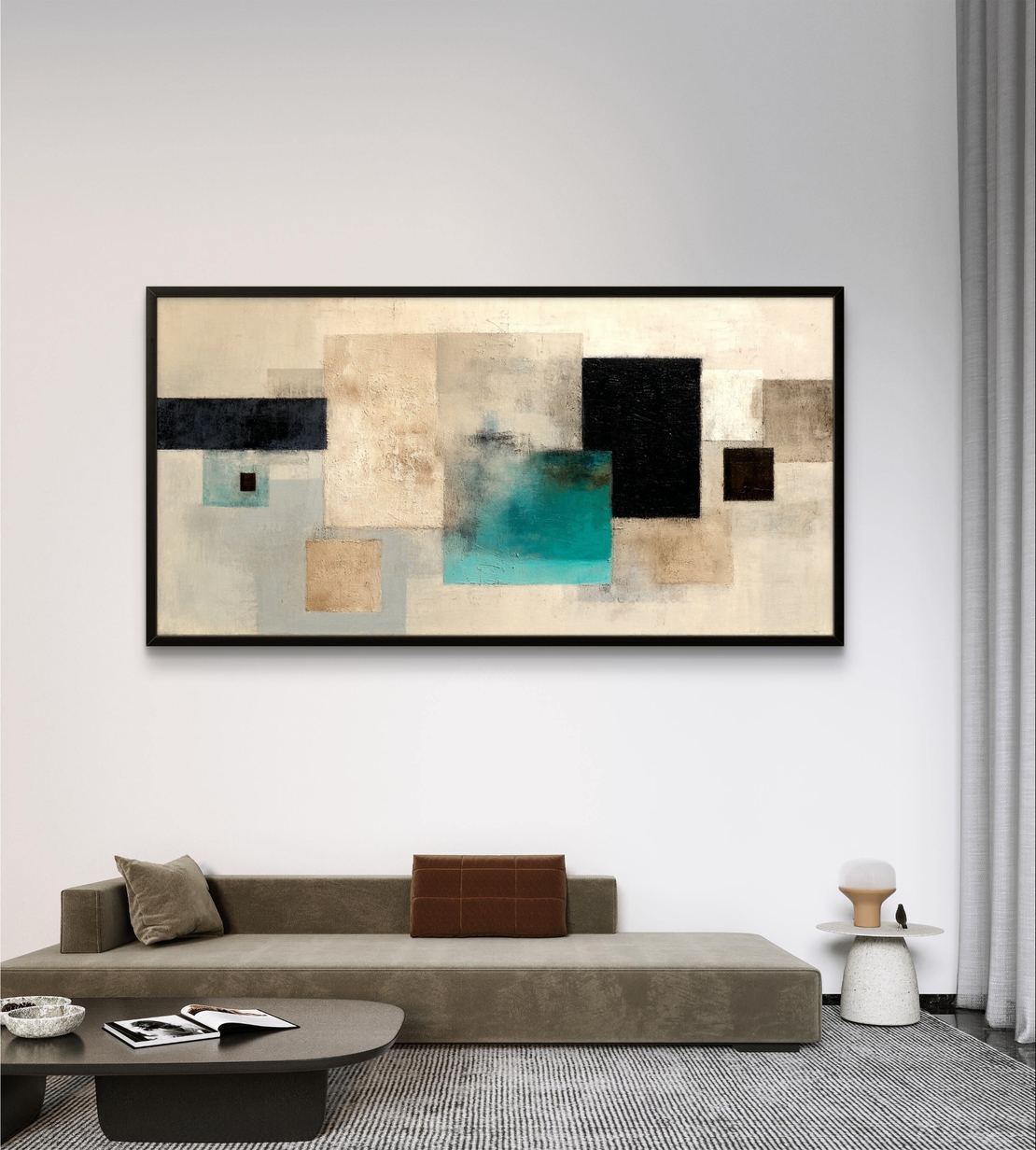 תמונת קנבס גיאומטרית מינימליסטית בגווני בז׳ ושחור עם נגיעת טורקיז על רקע בהיר