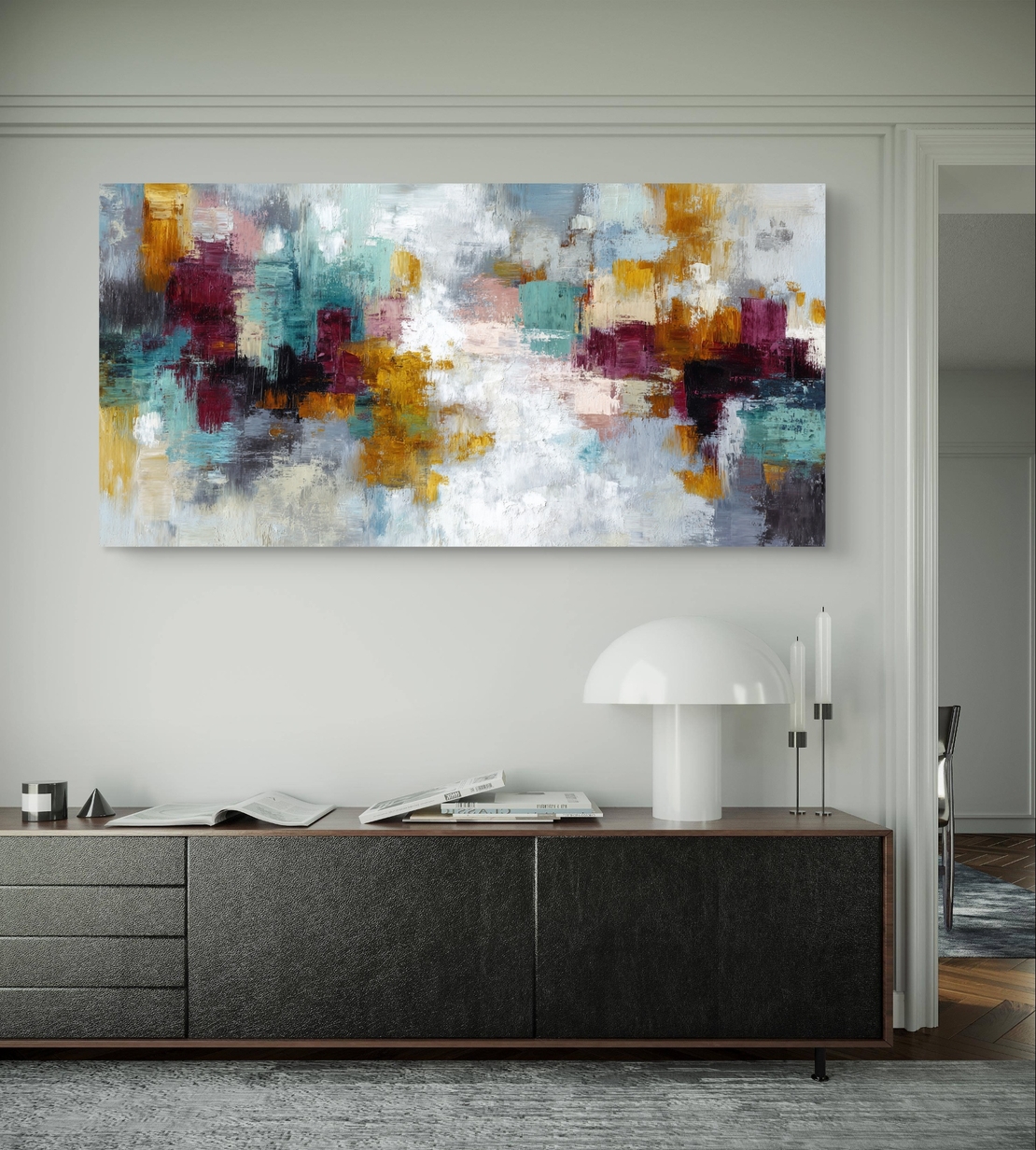 תמונת קנבס מופשטת לרוחב בגווני טורקיז, בורדו וזהב – תכשיט לבית