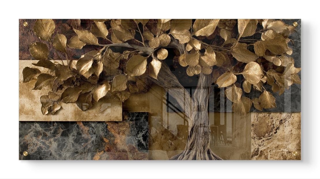 תמונת זכוכית לרוחב עם עץ בעל עלים מוזהבים בעיצוב יוקרתי בגווני זהב וחום עמוק, בהדפסה חלקה