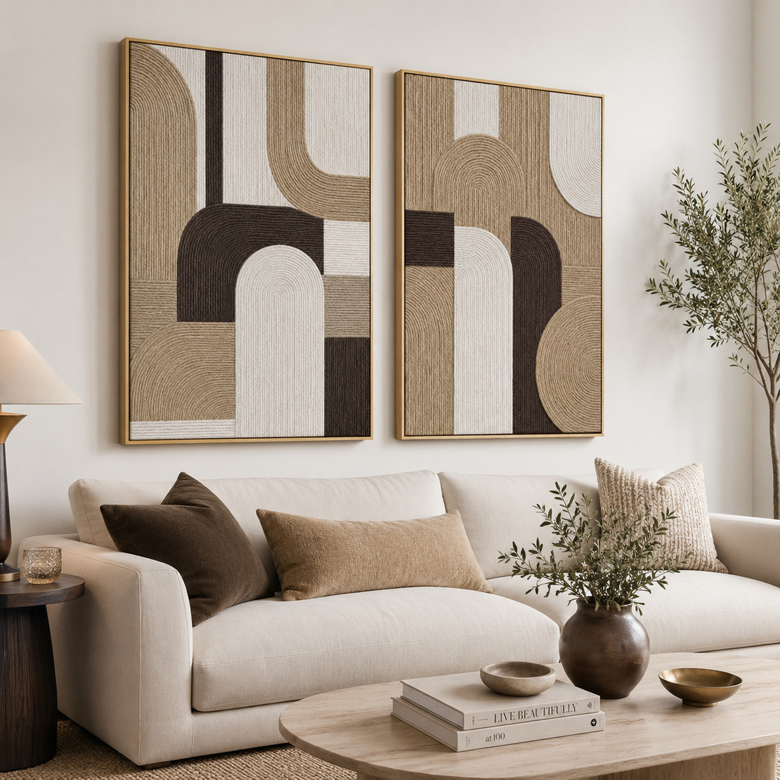 זוג תמונות קנבס גיאומטרי חום-בז' אבסטרקטי FT992
