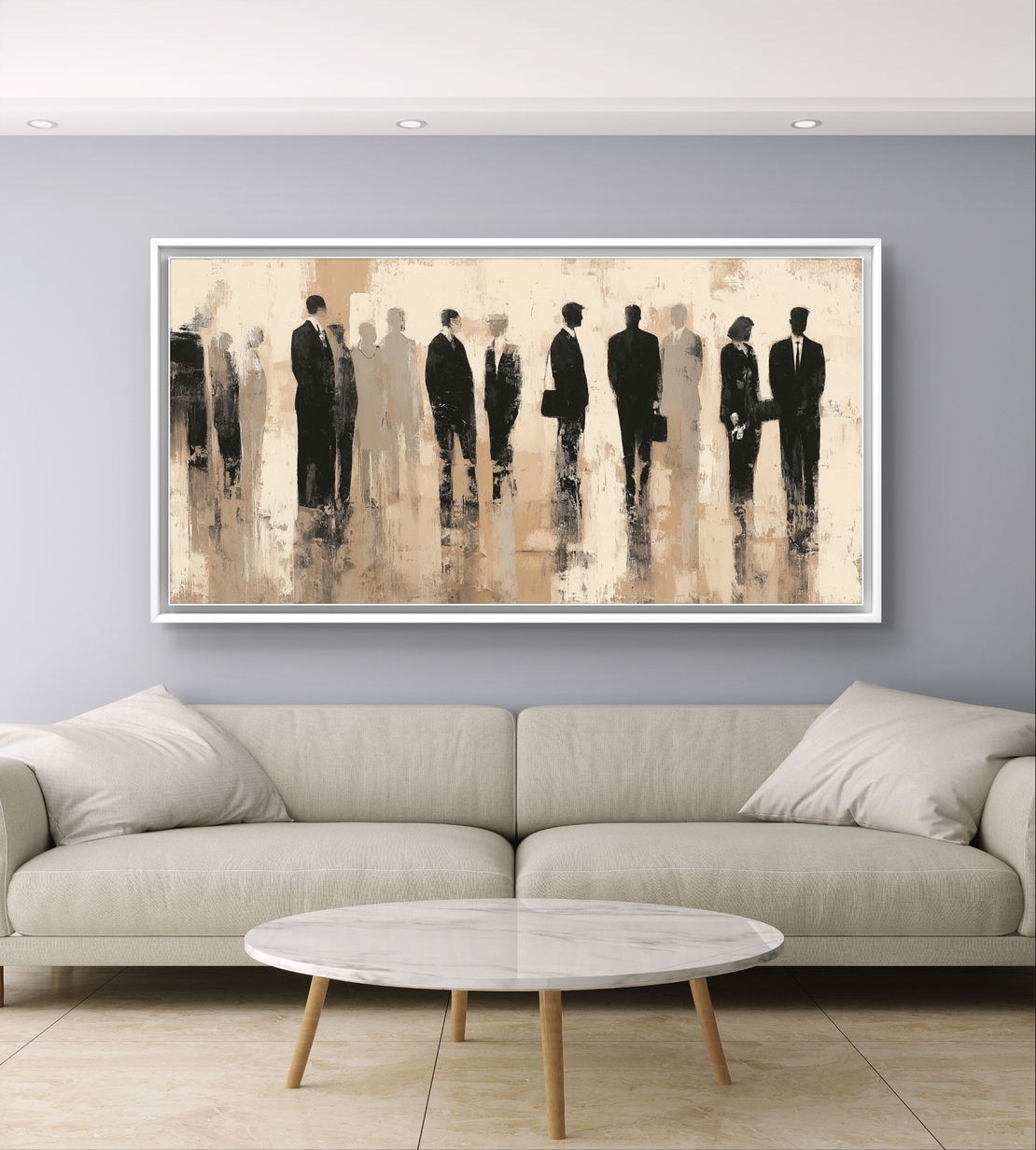 תמונת קנבס של דמויות מופשטות בגווני שחור ובז' בהדפסה חלקה ללא תבליט, מקולקציית תכשיט לבית.