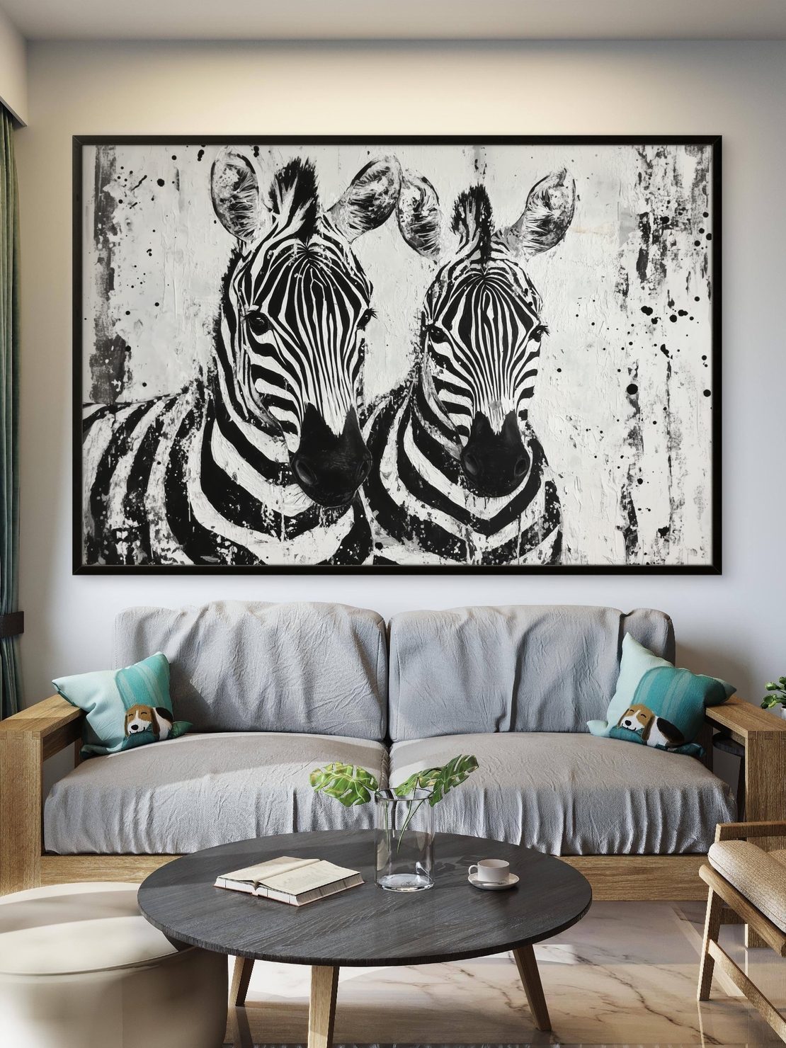 תמונת קנבס אמנותית בשחור-לבן של זוג זברות עם הדפסה חלקה ואיכותית – מתוך קולקציית NEXTGEN BY BAR של תכשיט לבית.