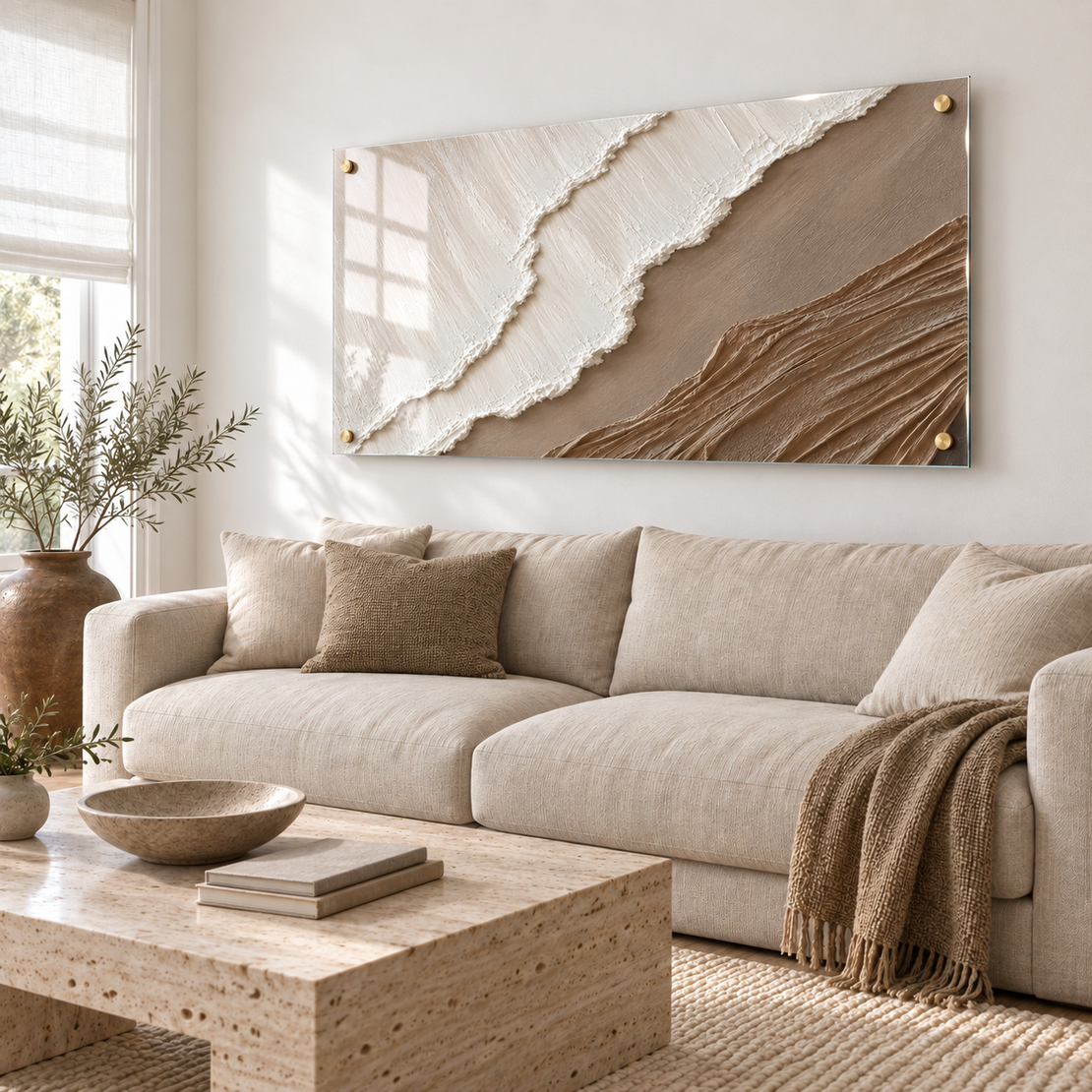 תמונת זכוכית אבסטרקט שכבות בגווני חום ושמנת | דגם RG7106