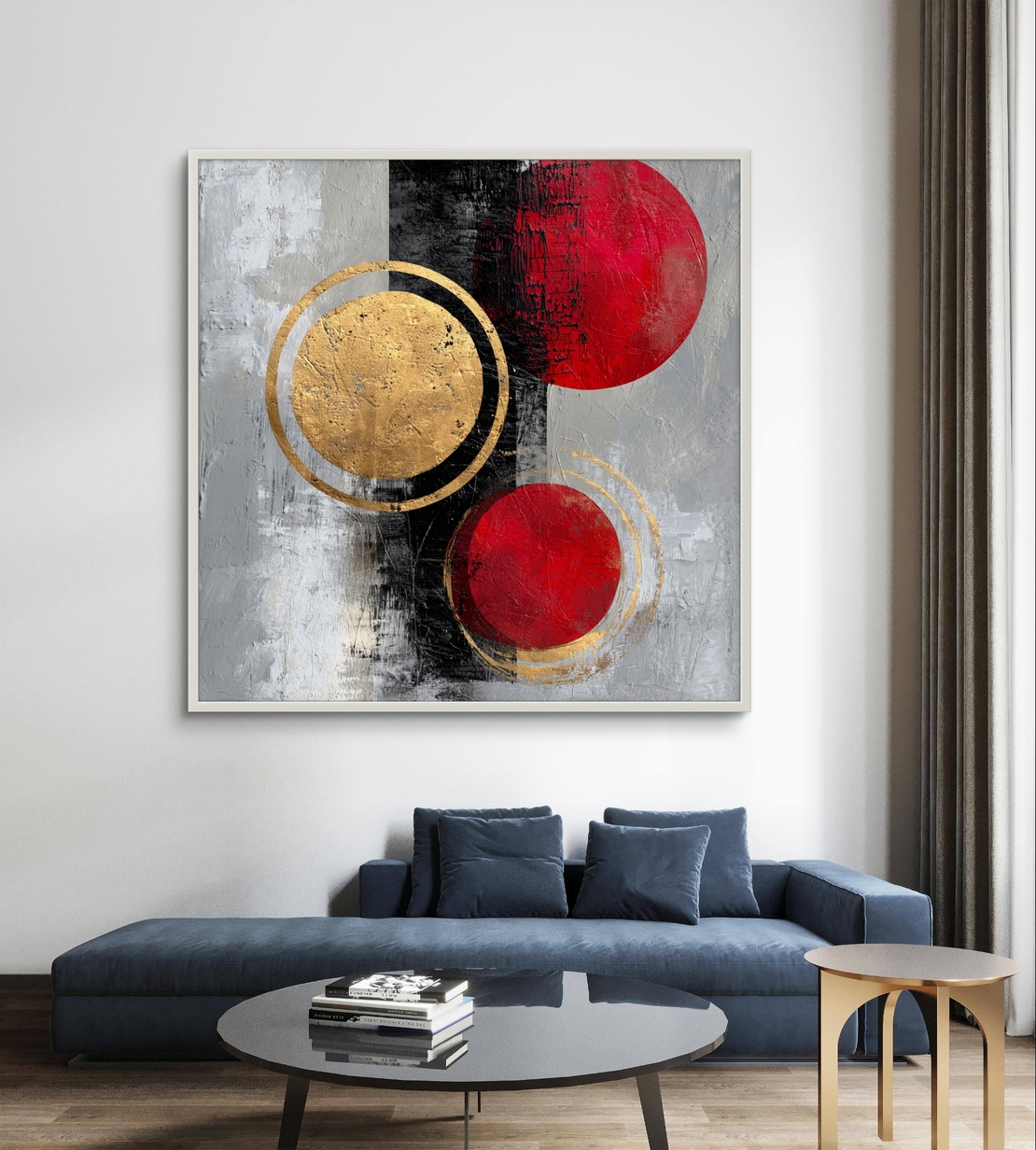 תמונת קנבס מרובעת אבסטרקטית עם עיגולים אדומים וטבעות זהב על רקע אפור ושחור