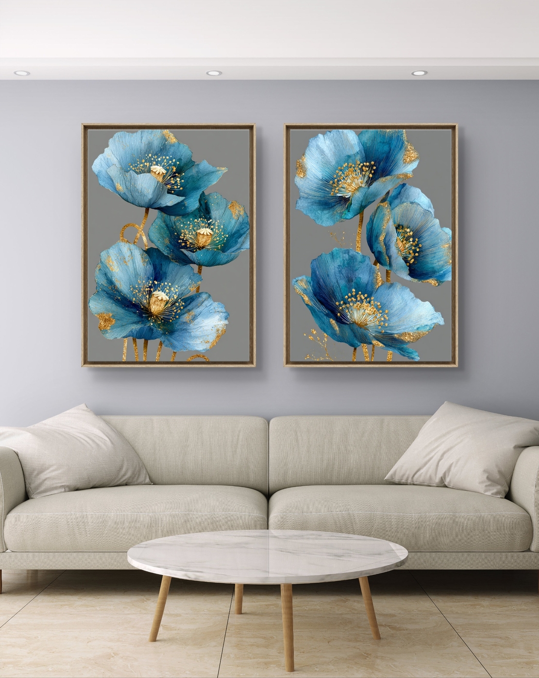 זוג תמונות קנבס פרחים כחולים עם נגיעות זהב – דגם TL8551