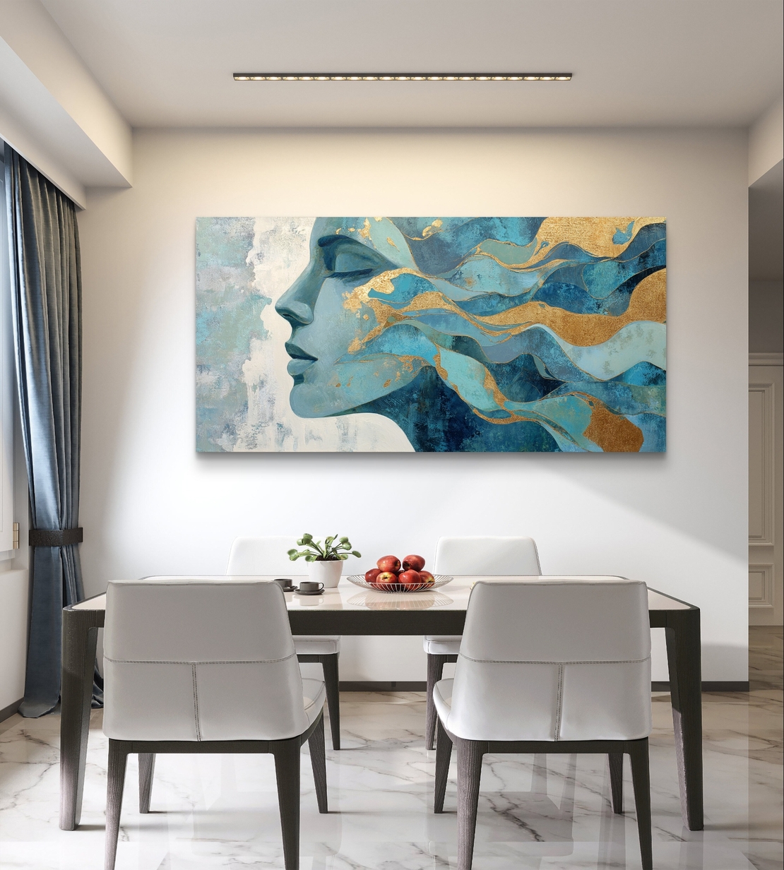 תמונה לסלון בגווני כחול-טורקיז עם נגיעות זהב, סגנון אבסטרקט אלגנטי
