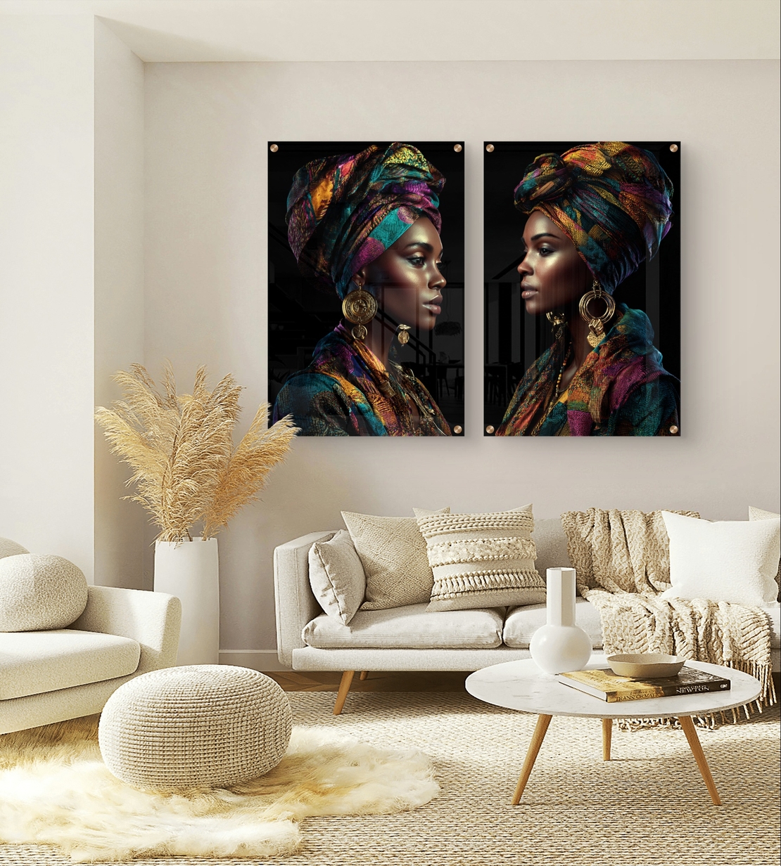 סט תמונות זכוכית זוגי עם דמות נשית בטורבן צבעוני בעיצוב דרמטי ויוקרתי